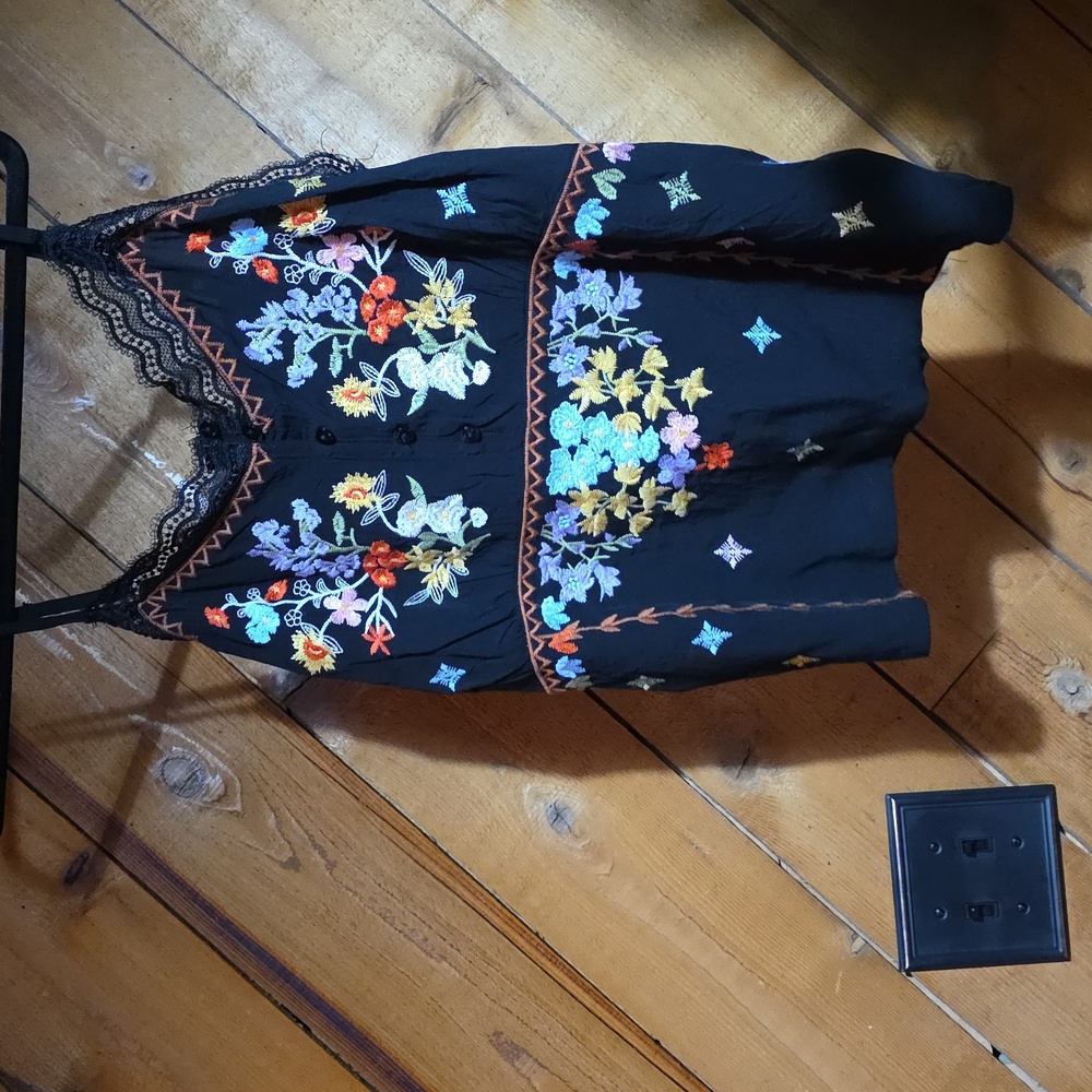 Boho Black Floral Embroidered Lace Trim Camisole Tank Top Smocked Back